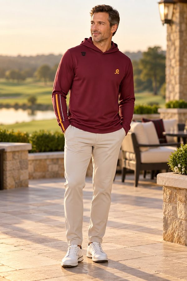 Worn with stone chinos on a clubhouse terrace at golden hour